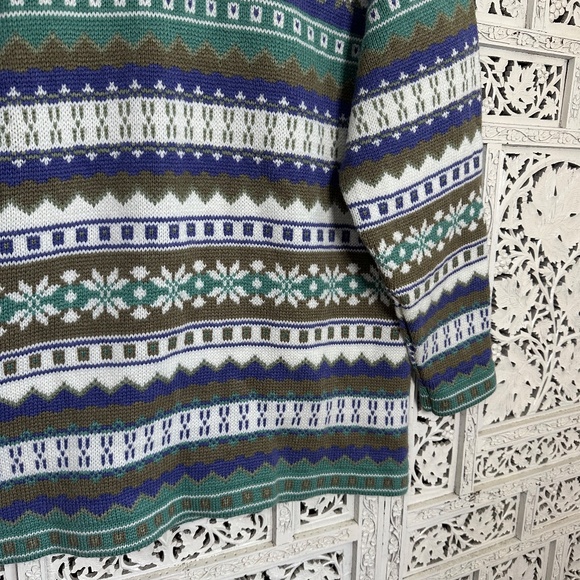 Vintage Blue & Green Nordic Fair Isle Mockneck Grannycore Sweater Sz Medium - Picture 3 of 8
